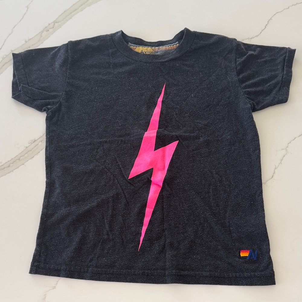 Aviator Nation Charcoal Tee with Neon Pink Lightning Bolt